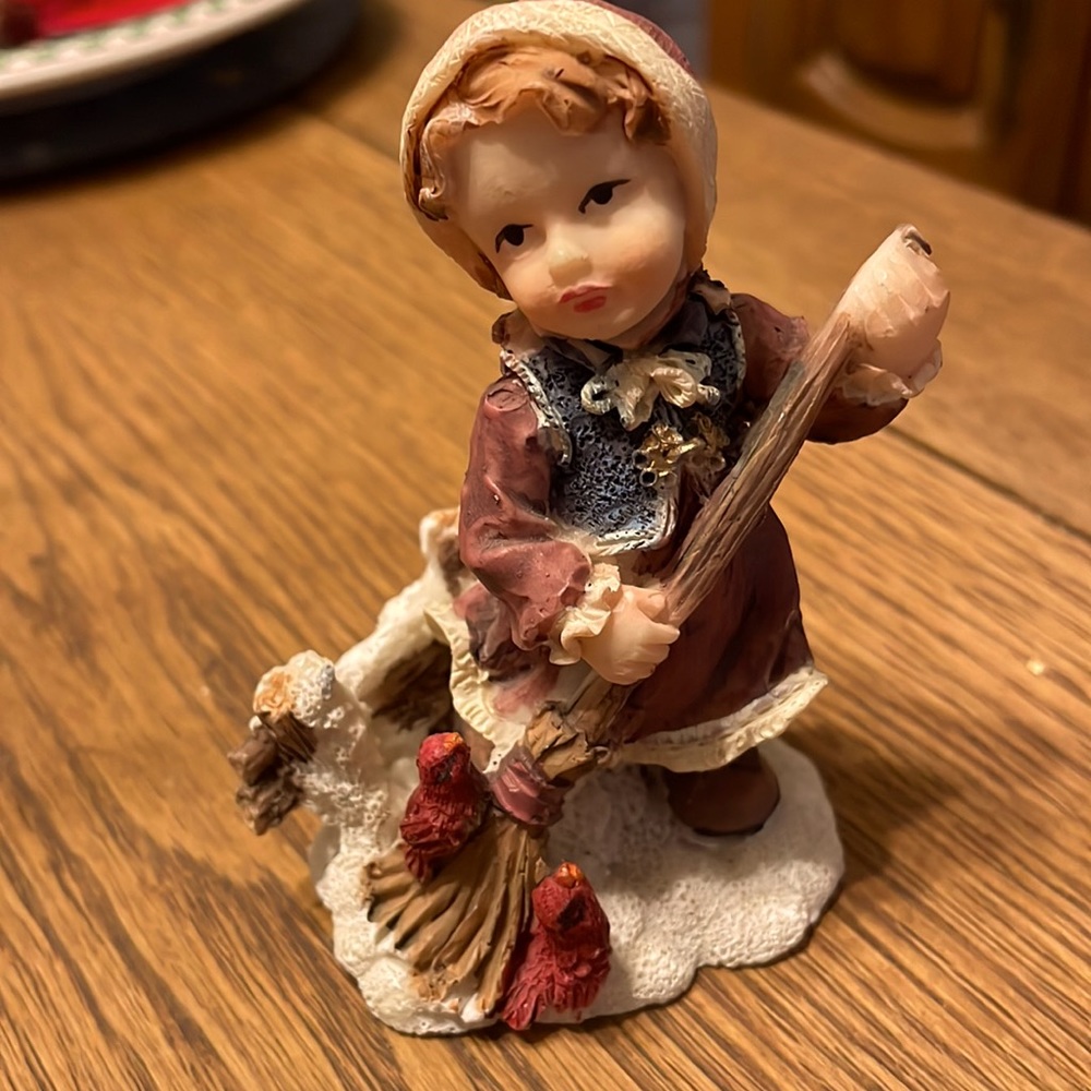 Lefton ceramic vintage figurine. Little girl sweeping with two cardinals.